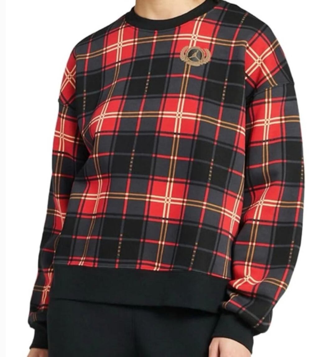 Nike Jordan Brooklyn Flight Black Red Plaid S Crewneck Sweatshirt